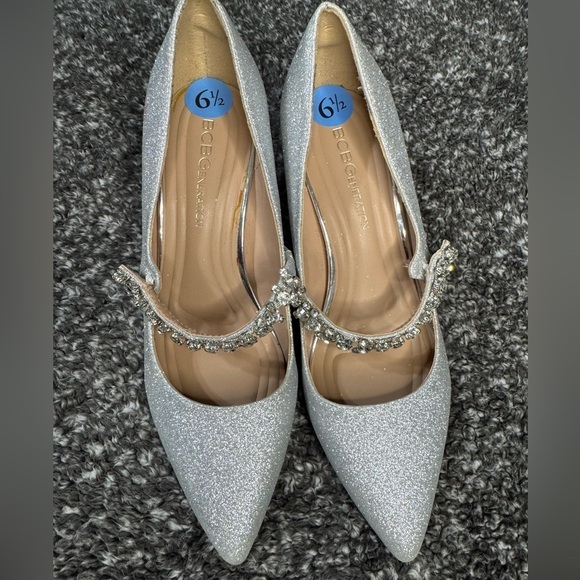 BCBGeneration Shoes - BCBGeneration Silver Glitter Heels with Rhinestone Strap